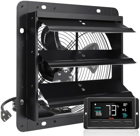 VEVOR Shutter Exhaust Fan, 10'' Wall Mount Attic Fan with Temperature Humidity Controller, 820 CFM, 10-Speed Adjustable, Ventilation and Cooling for Greenhouses, Garages, Chicken Coops, ETL Listed