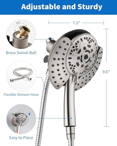 2.5GPM Shower Heads with Handheld Spray Combo: 7.2" Rainfall Shower Head & Hand Held Shower Head 2-IN-1 Shower Head with 60" Rotatable Stainless Steel Hose Nickel, Shower Trim Systems
