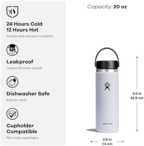Hydro Flask Wide Mouth vacuum insulated stainless steel water bottle with leakproof closeable lid for cold water drinks, sports, travel, car and school