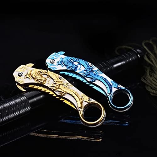 Pocket Knife for Men, Cool Folding Knife With 3D Blue Dragon Relief, Great Gift Edc Knife For Men Outdoor Survival Camping Hiking