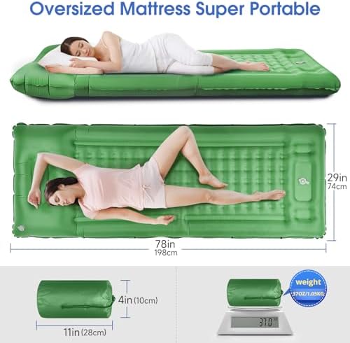Camping Sleeping Pads,Extra Thick 5 Inch Inflatable Sleeping Mat with Pillow Built-in Pump,Oversized Mattress Super Portable Backpacking Sleeping Pad (Green, Single)