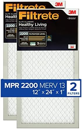 Filtrete 12x24x1 AC Furnace Air Filter, MERV 13, MPR 2200, Elite Allergen, Bacteria & Virus Filter, 3-Month Pleated 1-Inch Electrostatic Air Cleaning Filter, 2-Pack (Actual Size 11.69x23.69x0.78 in)