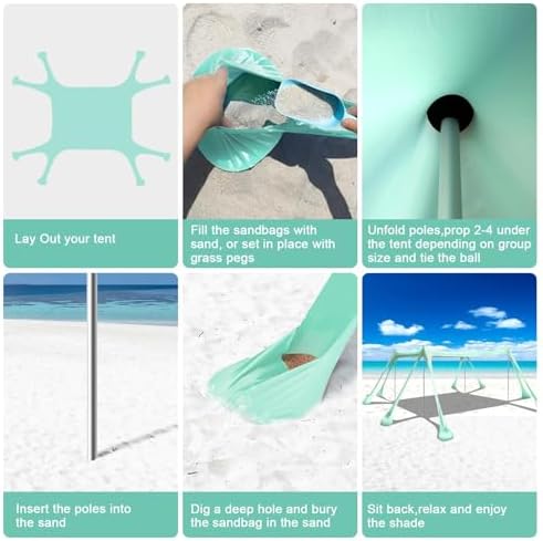 Beach Tent Sun Shelter Beach Canopy Tent Sun Shade Pop Up 10x10 UPF50+ with 8 Sandbags-2 Sand Shovel-Portable 4 Aluminum Poles-Ground Pegs-Easy Setup for Outdoor Family Camping Fishing Picnic