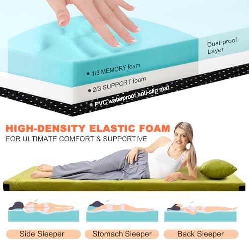 Memory Foam Camping Mattress Sleeping Pad, 3" Thick Waterproof Portable Roll Up Sleeping Mats & Floor Mattress Pad with Pillow + Travel Bag for Camping Car Truck SUV Tent Sleepover Kids Adult