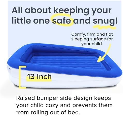 King Koil Luxury Toddler Inflatable Child Airbed, Travel Bed with Built-in Safety Bumper, Portable Air Mattress for Kids, Includes High-Speed Pump - Blue, 1-Year Manufacturer Warranty