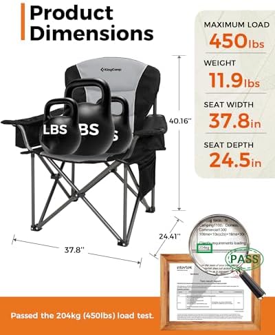 KingCamp Oversized Camping Folding Chair, Heavy Duty 450 LBS with Lumbar Support, Padded seat with Cup Holder&Cooler Bag, Ideal for Camp, Fishing, Sports event, Backyard, Patio, Lawn