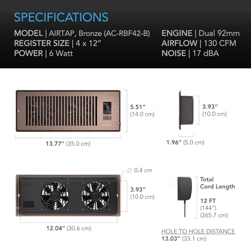 AC Infinity AIRTAP T4 Bronze, Register Booster Fan for 4” x 12” Register Holes, Improves Heating & Cooling Vents, Quiet 10-Speeds, Bluetooth App Control Data Alerts
