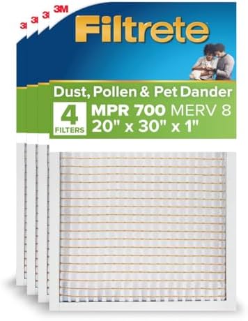 Filtrete 20x30x1 AC Furnace Air Filter, MERV 8, MPR 700, Tough on Pollen, Easy on Airflow, 3-Month Pleated 1-Inch Electrostatic Air Cleaning Filter, 4-Pack (Actual Size 19.880 x 29.880 x 0.8125 in )