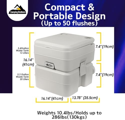 Portable 5.3 Gallon Camping Toilet with Carry Bag - Supports 286 LBS, 50 Flushes, Detachable Tanks