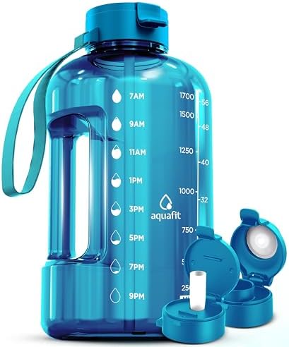 AQUAFIT 64 oz Water Bottle with Time Marker - Straw & Chug Lid - BPA Free Half Gallon, Big With Handle, Gym Bottle (Aqua, 64 Ounces)