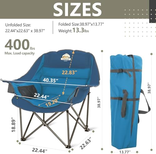 Oversized XL Padded Camping Chair Wide Heavy Duty Lawn Chairs Support 450 LBS Portable Folding Gaint Plus Camp Chair with Side Pocket Cup Holder for Outdoor Outside Sports Baseball Soccer-Blue