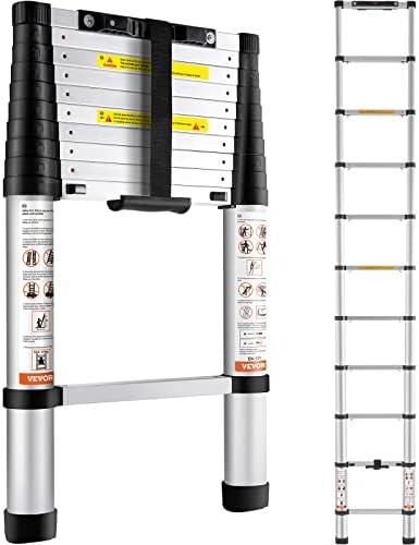 VEVOR Telescoping Ladder, 10.5 FT Aluminum One-button Retraction Collapsible Extension Ladder, 375 LBS Capacity with Non-slip Feet, Portable Multi-purpose Compact Ladder for Home, RV, Loft, ANSI Liste