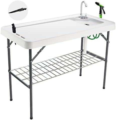 Folding Fish Cleaning Table Portable Camping Sink with Faucet Drainage Hose & Sprayer Outdoor Fillet Station Grid Rack Knife Groove for Picnic Fishing, Black