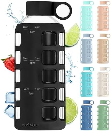 purifyou 40/32/22/12 oz Borosilicate Glass Water Bottles with Volume Markers, Silicone Sleeve, Stainless Steel Lid, Reusable Bottle for Water, Juice, Gym, and Fridge Storage (22oz Jet Black)