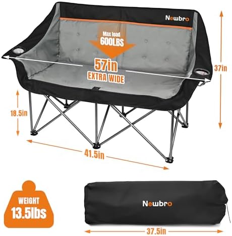 Oversized Double Camping Chair for Adults, Fully Padded Folding Camping Chairs Loveseat, Big Heavy Duty Outdoor Patio Lawn Chair with Arm Cup Holder
