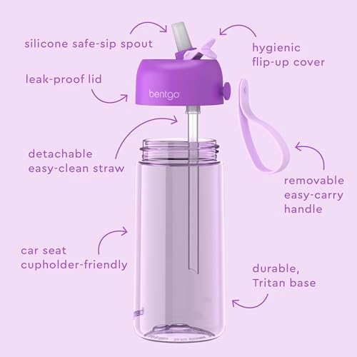Bentgo Kids Water Bottle - Leak-Proof, Durable Tritan, BPA-Free 15 oz. Cup for Kids/Toddlers Ages 3+, Safe Sip Spout, Carrying Handle, & Dishwasher Safe for School, Sports, Daycare & Camp (Purple)