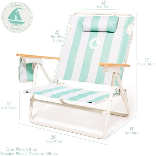 Business & Pleasure Co. Margaritaville Manana Backpack Beach Chair Lay Flat Reclining, Lightweight & Portable, Insulated Cooler Pocket, Last Mango Green Stripe