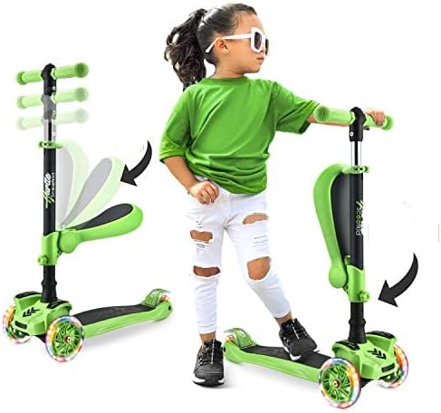Hurtle 3-Wheeled Scooter for Kids - Wheel LED Lights, Adjustable Lean-to-Steer Handlebar, and Foldable Seat - Sit or Stand Ride with Brake for Boys and Girls Ages 1-14 Years Old
