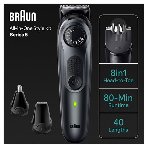 Braun All-in-One Style Kit Series 5 5471, 8-in-1 Trimmer for Men with Beard Trimmer, Body Trimmer for Manscaping, Hair Clippers & More, Ultra-Sharp Blade, 40 Length Settings, Waterproof
