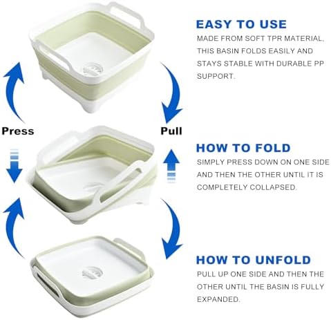 Collapsible Dish Basin Foldable Kitchen Sink With Drain Plug Plastic Laundry Tub 9L/2.4Gal RV & Camping Wash Basin Space-Saving Bottle Washing Sink (Green)