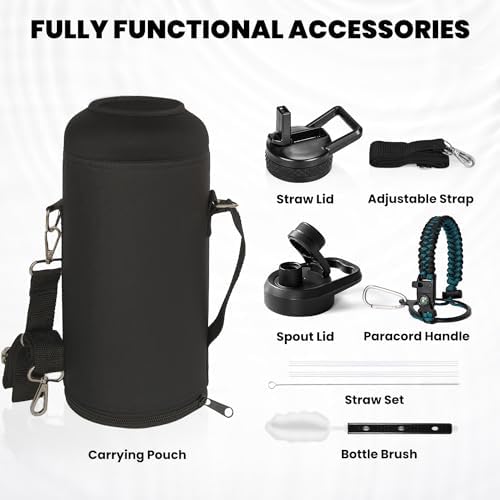 Insulated Water Bottle 87 oz, Triple Wall Vacuum Stainless Steel (Cold for 48 Hrs), Leak Proof & Non-BPA, Modern Water Flask Jug with Paracord Handle & Straw Spout Lids, Indigo/Black