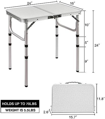 RedSwing Small Folding Table Portable 2 Feet, Small Foldable Table Adjustable Height, Lightweight Aluminum Camping Table, 15.7 in x 23.6 in x 19 in