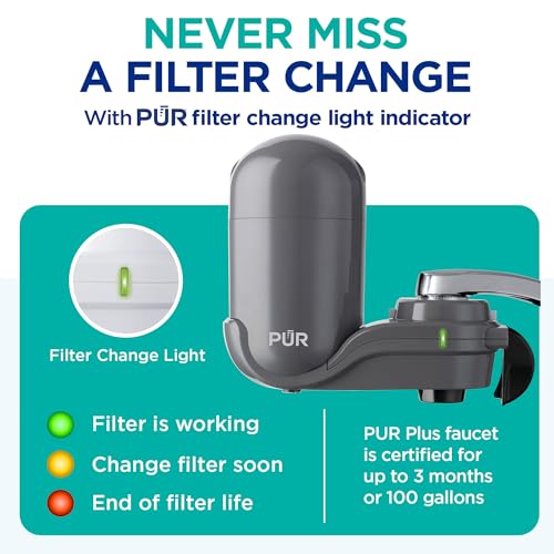 PUR PLUS Vertical Faucet Mount Water Filtration System, Lead-Reducing Filter, Great-Tasting Water, Easy Install, Lasts 100 Gallons, Compatible with Sinks with External Aerators, Grey