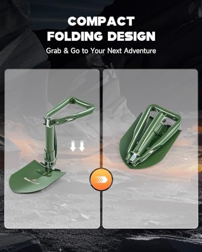 DARTMOOR Camping Shovel, 24" Larger Folding Shovel with Saw Edge, Portable Outdoor Survival Snow Shovel for Off Road Camping Hiking Digging Backpacking, Car Emergency, Entrenching Tool, Green