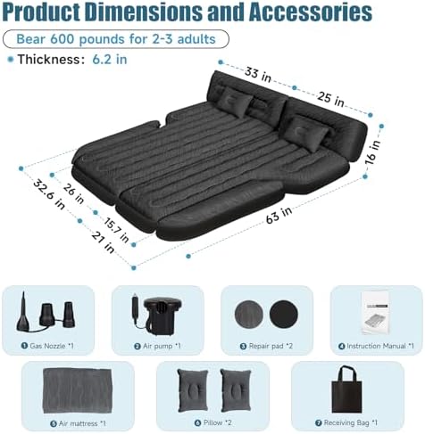 Inflatable SUV Air Mattress: Double-Sided Flocking Car Mattresses for Back SUV, Travel Camping SUV Sleeping Bed Mattress with Air Pump 2 Pillows