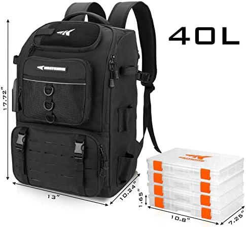 KastKing Karryall Fishing Tackle Backpack with Rod Holders 4 Tackle Boxes,40L Fishing Bag Storage Fishing Gear and Equipment