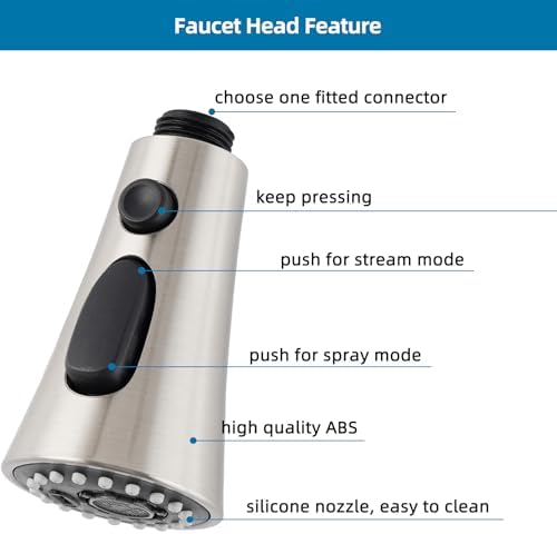 Universal Kitchen Faucet Head Replacement with 15 Adapter Kit Compatible with Kohler/Moen/Delta Faucet, 3 Function Pull Down Sink Faucet Spray Head, Brushed Nickel