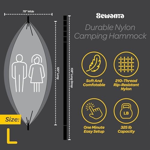 Durable Hammock 500 lb Capacity, Nylon Camping Hammock Chair - Double or Single Sizes w/Tree Straps and Attached Carry Bag - Portable for Travel/Backpacking/Beach/Backyard (Large, Yellow & Blue)