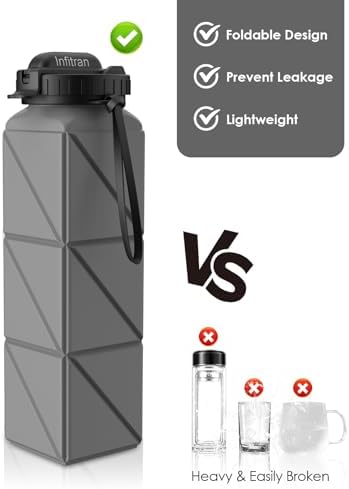 Collapsible Water Bottles, BPA-Free Silicone Foldable Water Bottle Cup with Straw Strap,Leak-Proof Durable Lightweight Bottle for Gym Travel Camping Hiking Running Sport,2Pack(Gray+Blue)