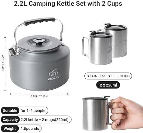Bulin 2.2L Camping Kettle with 2&4 Stainless Steel Cups for Outdoor Camping Cookware Hiking Backpacking Kitchen Campfire and Picnic, Carrying Bag