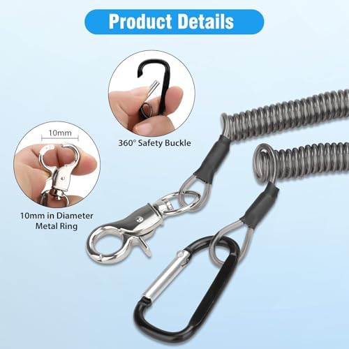 10 PCS Heavy Duty Fishing Lanyards with 2 Sizes, Retractable Safety Fishing Tool Ropes Steel Wire Coiled Lanyard with Carabiner and Keychain, Leash Rod Tether Accessories for Pliers Boating Kayak