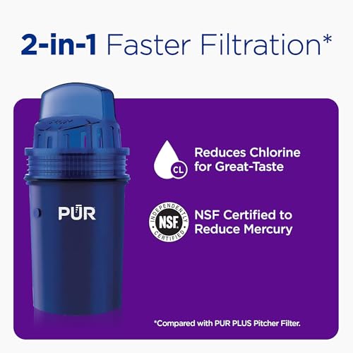 PUR 30-Cup Water Filter Dispenser with 1 Genuine PUR Filter, Large 30-Cup Capacity, 2-in-1 Powerful, Faster Filtration, Lasts 2 Months or 40 Gallons, Dishwasher Safe, White/Blue (DS1800Z)