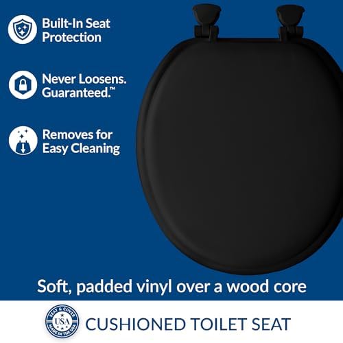 Mayfair Padded Toilet Seat, Cushioned Soft Vinyl over Wood Core Seat, Secure Hinges, Easy Clean, Round, Black