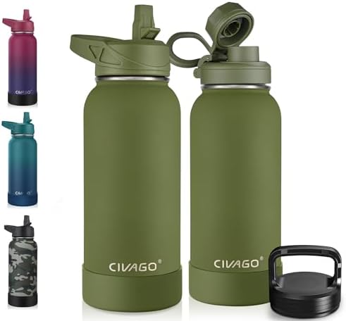 CIVAGO 32 oz Insulated Water Bottle With Straw, Stainless Steel Sports Water Cup Flask with 3 Lids (Straw, Spout and Handle Lid), Wide Mouth Travel Thermal Mug, Army Green