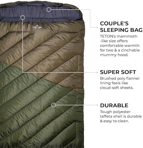 TETON Mammoth, 20 Degree and 0 Degree Sleeping Bags, Double Sleeping Bag, A Warm Bag the Whole Family can Enjoy. Great Sleeping Bag for Camping, Hunting and Base Camp. Compression Sack Included