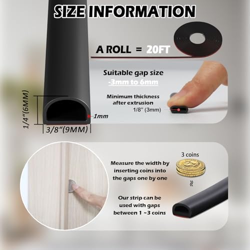 Weather Stripping Door Seal - Self Adhesive Weather Strip Silicone D Shaped Seal Strip for Door Frame/Window Seal (40FT Black 3/8" W × 1/4" T)