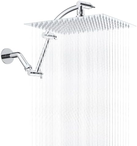 Hibbent All Metal Rain Shower Head, 12'' High Pressure Rainfall Square Showerhead with 16" Shower Head Extension Arm, Solid Brass Adjustable Shower Arm Extender, Waterfall fixed Showerheads, Chrome