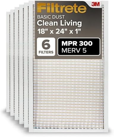 Filtrete 18x24x1 Air Filter, MPR 300, MERV 5, Clean Living Basic Dust 3-Month Pleated 1-Inch Air Filters, 6 Filters
