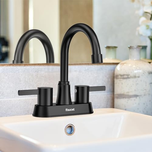 Black Bathroom Faucet 3 Hole, Bathroom Faucets for Sink 3 Hole, Bathroom Sink Faucet, 4 Inch 2 Handle Centerset, Lead-Free, with Copper Pop Up Drain (Matte Black)