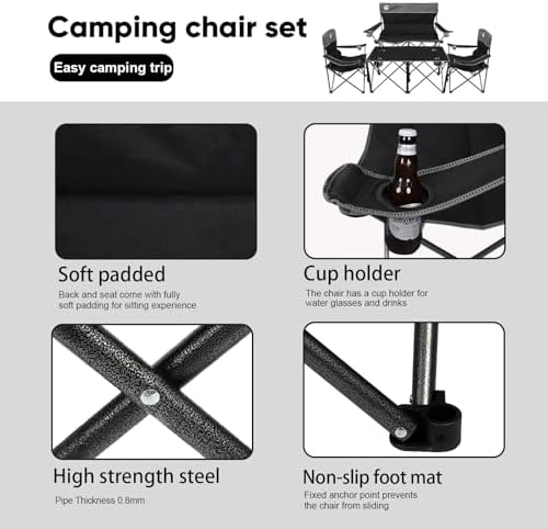 Folding Camping Chair Set of 4, Portable Collapsible Conversation Set w/1 Sofa, 2 Single Chairs, 1 Table for Family Patio, Outdoor Travel,Beach(Black)
