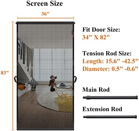 MAGZO Hanging Screen Door, Fits Door Size 34" x 82" (Curtain Size 36'' x 83''), Upgraded Fiberglass Mesh Net with Tension Rod&Hook&Loop (One Piece Can be Installed in 2 Ways), Weighted Bottom, Grey