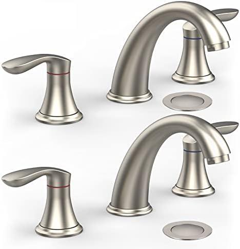 Bathroom Sink Faucet, Faucet for Bathroom Sink, Widespread Brushed Nickel Bathroom Faucet 3 Hole with Stainless Steel Pop Up Drain and cUPC Lead-Free Hose - (Brushed Nickel 2 Packs)