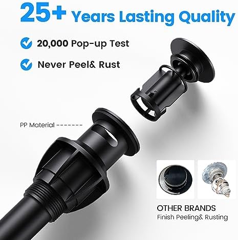 Bathroom Sink Drain with Overflow, Universal Bathroom Sink Stopper for Bathroom Vanity Vessel Sink, Rapid Draining Plastic Pop-up Sink Drain with Hair Catcher Anti-Clog Strainer, 2 Pack, Matte Black