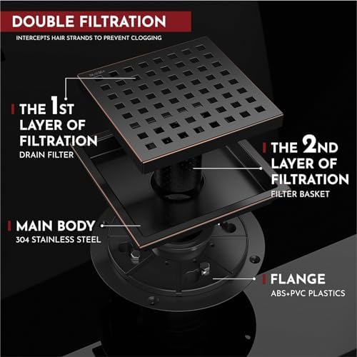 6 Inch Square Shower Floor Drain with Flange,Quadrato Pattern Grate Removable,Food-Grade SUS 304 Stainless Steel,Watermark&CUPC Certified,Oil Rubbed Bronze