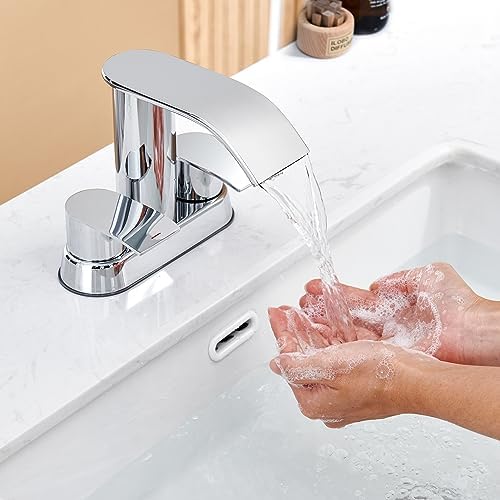 Ultimate Unicorn waterfall faucet chrome for bathroom sink, wide mouth spout with two handles waterfall, sink vanity faucet, single hole or 3 basin lavatory mode (DJS-MP-SB-PB-C)