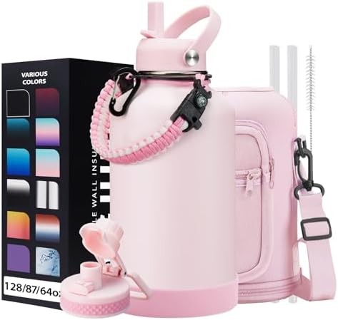 Half Gallon Water-Bottle with Straw - Pop-up Chug Lid (Cold 48H & Hot 24H) 64oz Insulated Water Bottle Flask with Sleeve Strap, Paracord Handle, Bottle Boot, Pink Stainless Steel Metal Water Jug